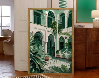 Morocco Poster, Vintage Riad Poster, Moroccan Wall Art, Green Wall Art Print, Minimalist Green Riad Illustration, Morocco Travel Poster