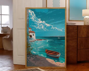 Poster Morocco, Moroccan Poster, Moroccan Wall Art, Minimalist Moroccan Illustration, Ocean Poster, Ocean Morocco Poster, Blue Decor Poster