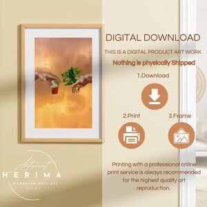 May include: Digital download of a painting depicting two hands, one holding a glass of tea and the other holding a sprig of mint. The background is a sunset sky with clouds. The text "Nothing is physically shipped" is displayed below the image.