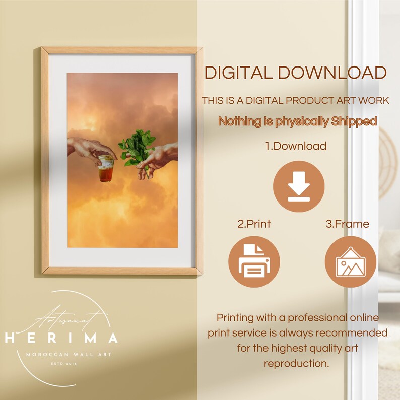 May include: Digital download of a painting depicting two hands, one holding a glass of tea and the other holding a sprig of mint. The background is a sunset sky with clouds. The text "Nothing is physically shipped" is displayed below the image.