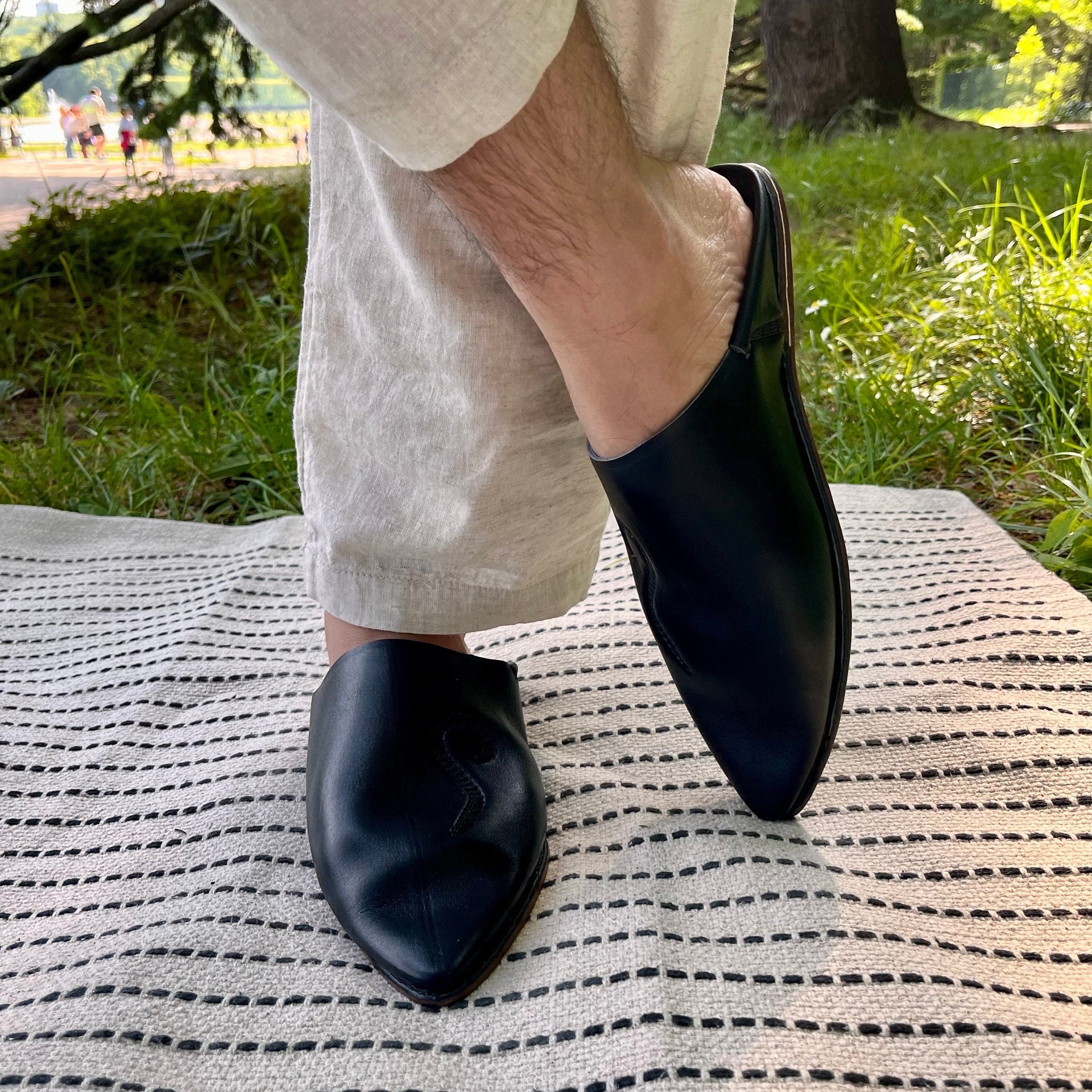 Men’s Moroccan babouche slip ons. Black leather. Hand crafted in Morocco Small Babouche Moroccan Slipper Black Babouche for Men Comfortable  main image 2