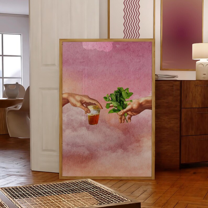 May include: A painting depicting two hands reaching towards each other, one holding a glass of tea and the other holding a sprig of green mint. The background is a pink watercolour sky with clouds.