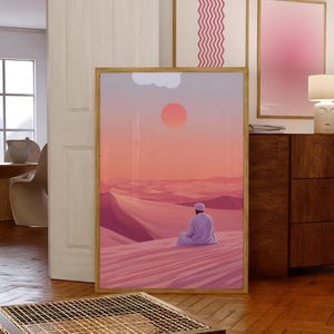 Póster del Sahara Póster de dunas de arena Ilustración Puesta de sol Póster del desierto Póster de arte de pared marroquí Póster Decoración de pared del Sahara Marruecos Rosa