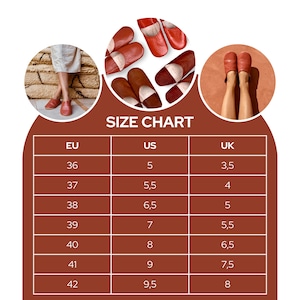Puede incluir: Tabla de tallas para zapatillas de cuero en tallas US, UK y EU. La tabla muestra las tallas correspondientes para cada regi&oacute;n.