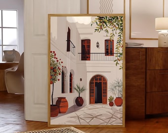 Morocco Poster, Moroccan Wall Art, Vintage Riad Poster, Moroccan Wall Art, Minimalist White Riad Illustration, Minimalist Morocco Poster