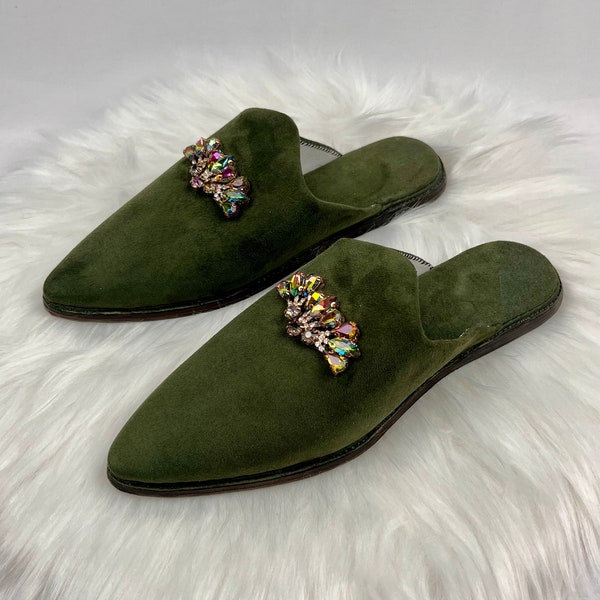 Mule, Authentic Suede Slipper, Women's Green Mule, Comfortable Moroccan Slipper, Chic Luxury Mule, Elegant Leather Slipper for Women