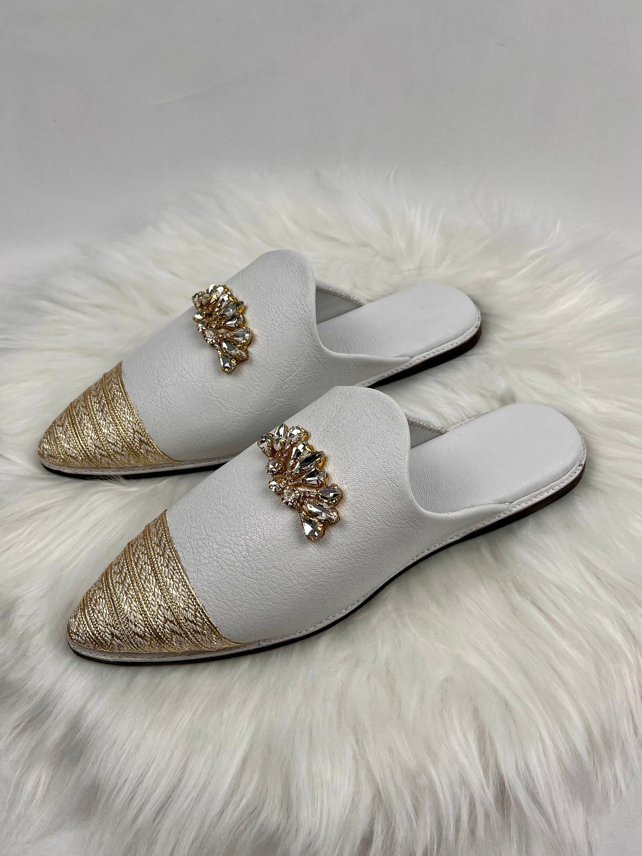 Babouches Blanches à Paillettes - Taille 40 - Cuir Souple - Chaussons Femme Confort
