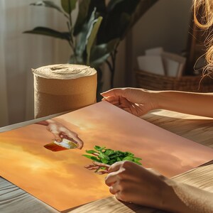 May include: A painting of two hands reaching towards each other, one holding a jar of honey and the other holding a sprig of fresh mint. The background is a sunset sky with clouds.
