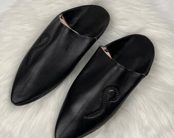 Babouche Cuir Authentique, Babouche Noir Homme, Babouche Marocaine Confortable, Babouche Noir Fait-Main, Babouche Cuir Elégante pour Homme