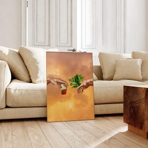 May include: A painting of two hands reaching towards each other, one holding a glass of tea and the other holding a sprig of mint. The background is a cloudy sky with a golden hue.