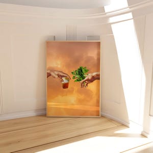 May include: A painting of two hands reaching towards each other, one holding a glass of tea and the other holding a sprig of mint. The background is a sunset sky with clouds.