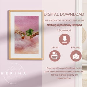 May include: Digital download of a pink and white abstract art print featuring two hands reaching towards each other, one holding a glass of tea and the other holding a sprig of green leaves. The text "Nothing is physically shipped" is displayed in a pink box.