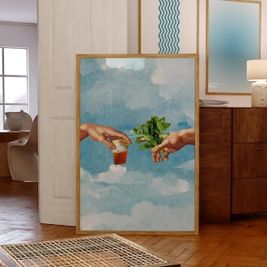 Peut inclure: Une peinture représentant deux mains se tendant l'une vers l'autre, l'une tenant un verre de thé et l'autre une branche de menthe. L'arrière-plan est un ciel bleu avec des nuages blancs.