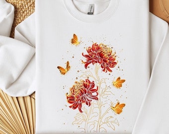 Red Spider Lily Sweatshirt: Botanical Floral, Golden Butterflies