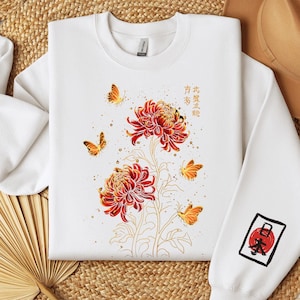 Wild Flowers Butterflies Anime Sweatshirt, Red Spider Lily Botanical Floral, Japanese y2k Kawaii Streetwear, Sakura Flower Shirt, Cosplay