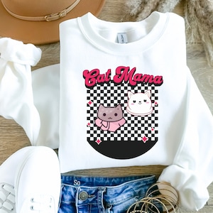 Retro Checkered Cat Mama Sweatshirt, Cute Cartoon Varsity Crewneck, Pet Lovers Shirt, Gift for Cat Owners, Dirt Bike Track Drag Race Vibes