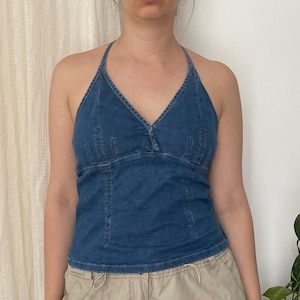 Vintage Denim Halter Top | Blue Jean Corset Style Camisole — Size M