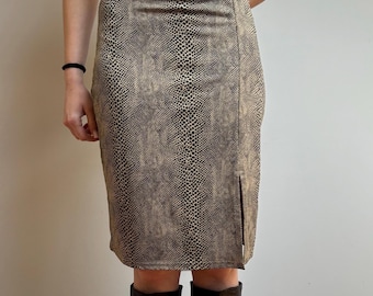 Vintage Snake Print Mini Skirt: Stretchy Rave Slit Skirt — M/L