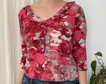 Vintage Red Mesh Ruffle Blouse | Floral Long Sleeve Top — Size M