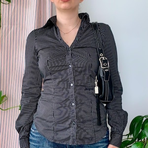 Vintage Miss Sixty Black Pinstripe Office Roll Tab Sleeve Shirt — M size