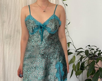 Vintage Green Leopard Print Satin Lace Trim Slip Dress — Size L