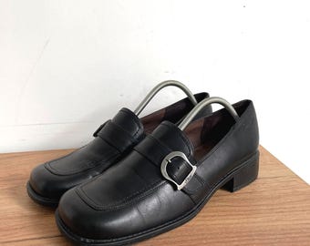 90s Gucci by Tom Ford Black Leather Square Toe Horsebit Loafers