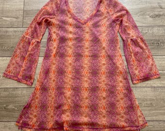 Vintage Boho Tunika aus transparentem Mesh mit Paisley-Muster – Größe M
