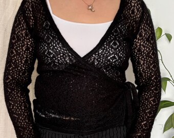 Vintage Black Sheer Wrap Knit Cardigan — M size