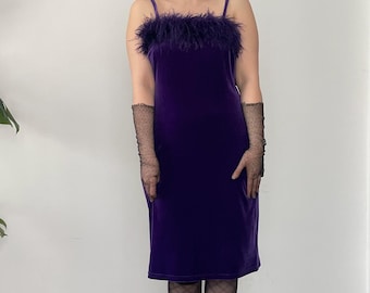 Vintage Velvet Boodycon Mini Dress with Ostrich Feather Trim — M size