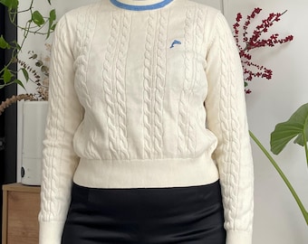Esprit White Cable Knit Crewneck Sweater with Blue Trim —M size