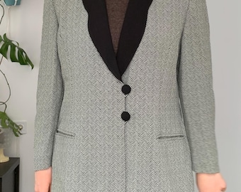 Vintage Herringbone Black&White Shawl Collar Long Blazer — Size L