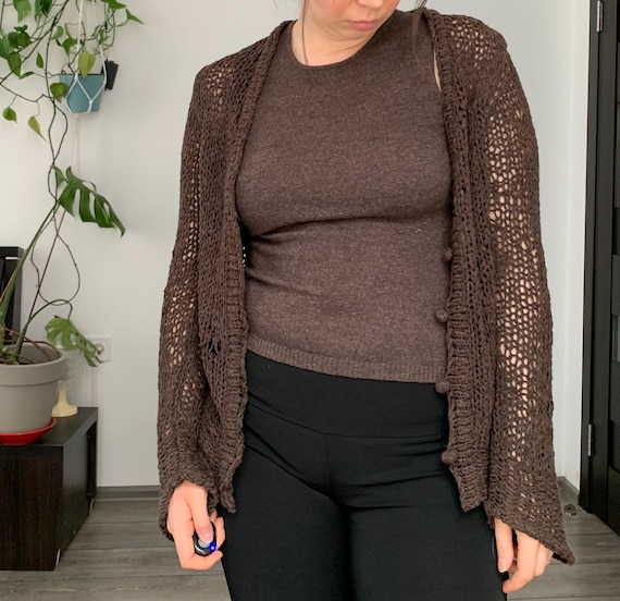 Vintage Brown Fishnet Crochet Knit Buttoned Up Cardigan —S size