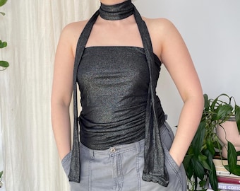 Vintage Shimmery Black Tube Top with Matching Scarf | Glitter Strapless Shirt  — Size M