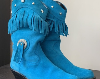 Vintage Wrangler 80s Blue Suede Tassel Studded Cowboy Boots 6