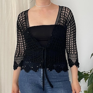 Vintage Black Crochet Fishnet Cardigan | Y2K Beaded Shrug Tie Top — Size S/M