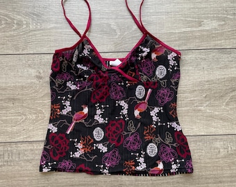 Vintage Y2K Asian Print Sheer Mesh Cami Top — XS/S size