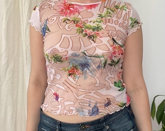 Vintage Otto Kern Mesh Graphic Top | Floral Animal Print Cheetah Back Tee — M size