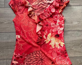 Vintage rote Rüschenbluse aus Mesh mit Blumenmuster – Größe M