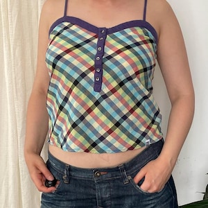 Vintage Roxy Plaid Cami Top | Blue Gingham Tartan Camisole — Size XS