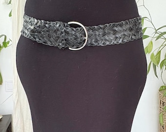 Vintage Black Woven Leather Belt — M size