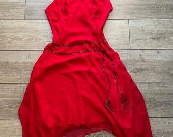 Vintage Silk Babydoll Beaded Red Dress with Handkerchief Hem  — UK16 US12