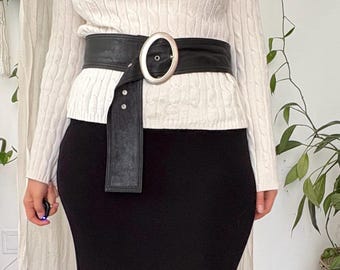 Vintage Black Genuine Leather Wide Belt — Size M
