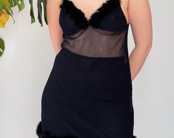 Vintage Black Sheer Slip Nightie Dress w/ Fur Trim — Size M