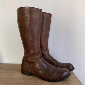 Women Wingtip MOMA Leather Mid-calf Boots | Brown High Tall Round Toe Shoes | Low Heel 38 Retro Vintage Boots Leather US7.5 38 Size