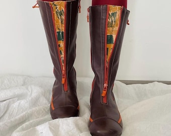 Vintage Brown & Black Leather Flat Knee-High Moto Boots