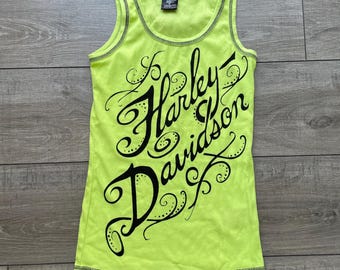 Vintage Harley Davidson Tanktop in Neongrün mit Rippstrickmuster – Größe M