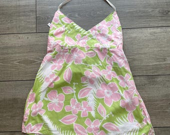 Vintage Roxy Trägertop mit floralem Neckholder in Rosa und Grün mit Hibiskusblütenmuster – Größe M
