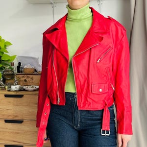 Red Vintage Moto Jacket | 60s Old Leather Motorcycle Biker Jacket | Belted Cruiser Chopper Rider Double-Breasted Jacket - S
