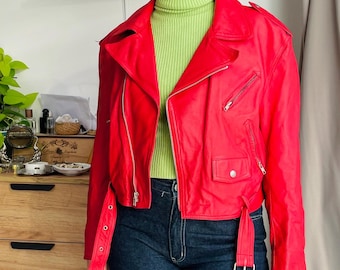 Rood vintage leren motorjack uit de jaren 60 — maat S