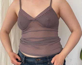 Vintage Brown Mesh Camisole | Pointelle Lace Trim Cami Top — Size S
